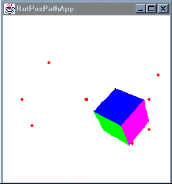 Figura 5-13, una escena renderizada por RotPosPathApp mostrando la interpolación de la Rotación y Posición de un ColorCube. Los puntos rojos muestras los nudos de la aplicación de ejemplo.