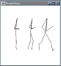 Figura 5-22, una escena renderizada desde Morph3App mostrando las animaciones de tres clases de comportamientos alternativas (no todas buenas).
