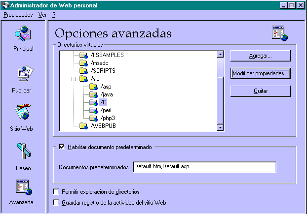 Opciones avanzadas en el Personal Web Server