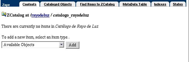 Interfaz de control de un Catálogo Zope