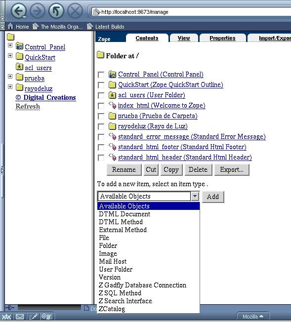 Objetos disponibles en Zope por defecto